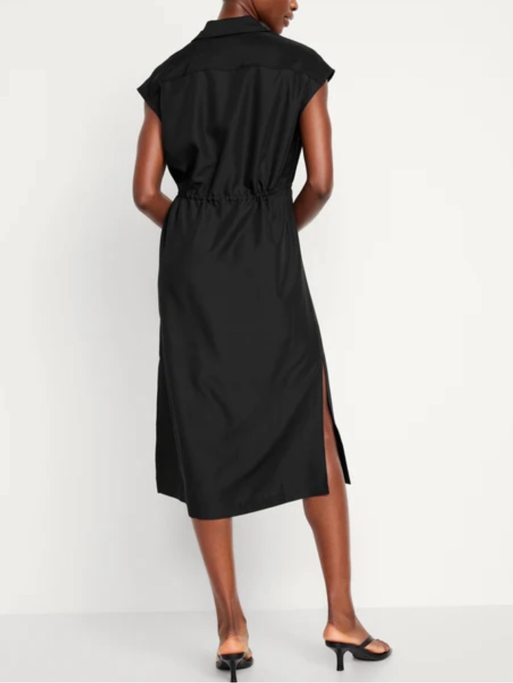 Old Navy Black Short Sleeve Waist Defined Utility Button Up Midi Shirt Dress L - Picture 2 of 16